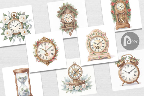Digital Paper Graceful Winter Timepiece Watercolor Digital Pattern artnoy 