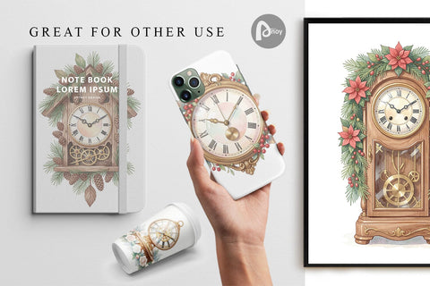 Digital Paper Graceful Winter Timepiece Watercolor Digital Pattern artnoy 