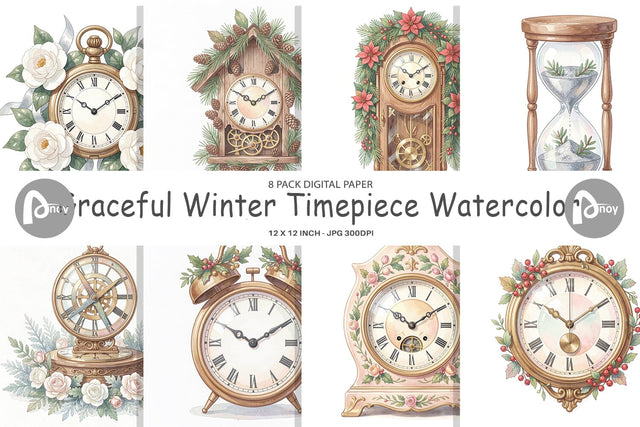 Digital Paper Graceful Winter Timepiece Watercolor Digital Pattern artnoy 