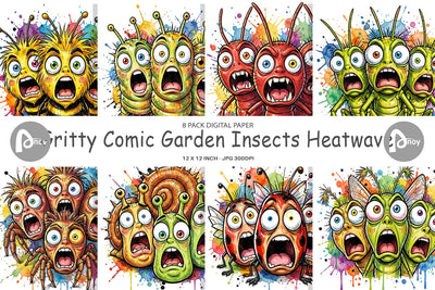 Digital Paper Gritty Comic Garden Insects Heatwave Digital Pattern artnoy 