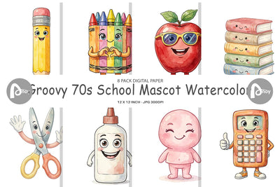 Digital Paper Groovy 70s School Mascot Watercolor Digital Pattern artnoy 