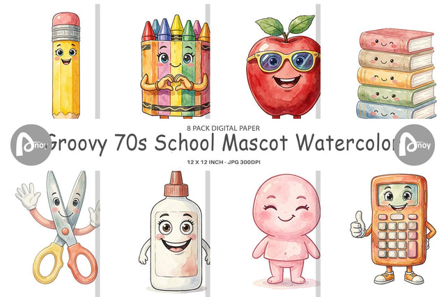 Digital Paper Groovy 70s School Mascot Watercolor Digital Pattern artnoy 