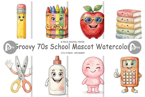 Digital Paper Groovy 70s School Mascot Watercolor Digital Pattern artnoy 