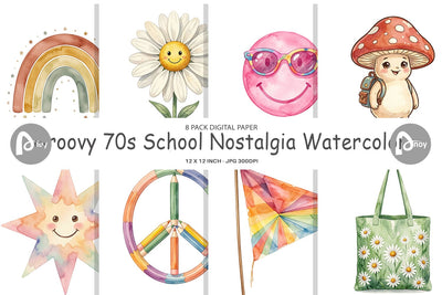 Digital Paper Groovy 70s School Nostalgia Watercolor Digital Pattern artnoy 