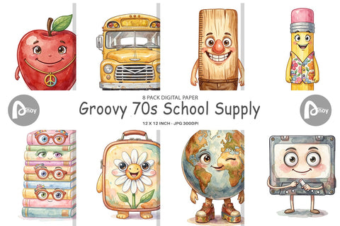 Digital Paper Groovy 70s School Supply Digital Pattern artnoy 