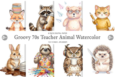 Digital Paper Groovy 70s Teacher Animal Watercolor Digital Pattern artnoy 