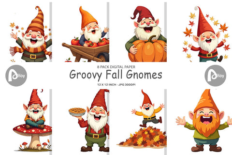 Digital Paper Groovy Fall Gnomes Digital Pattern artnoy 