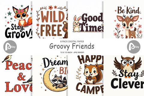 Digital Paper Groovy Friends Vintage Kawaii Animal Quote Digital Pattern artnoy 