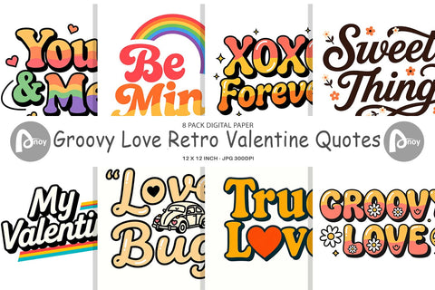 Digital Paper Groovy Love Retro Valentine Quotes Digital Pattern artnoy 