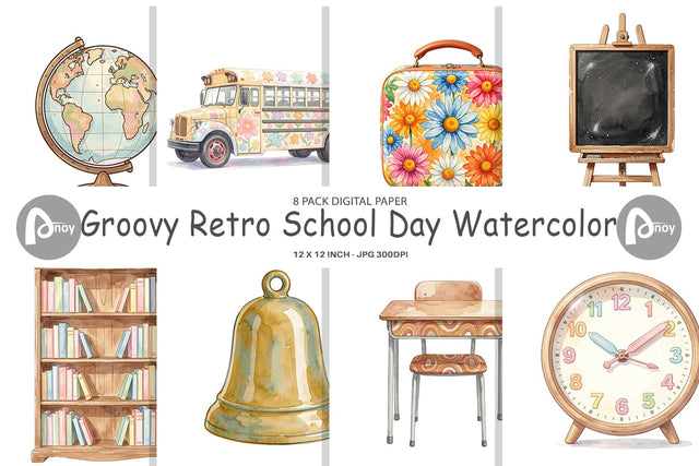 Digital Paper Groovy Retro School Day Watercolor Digital Pattern artnoy 