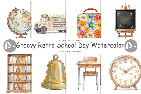 Digital Paper Groovy Retro School Day Watercolor Digital Pattern artnoy 