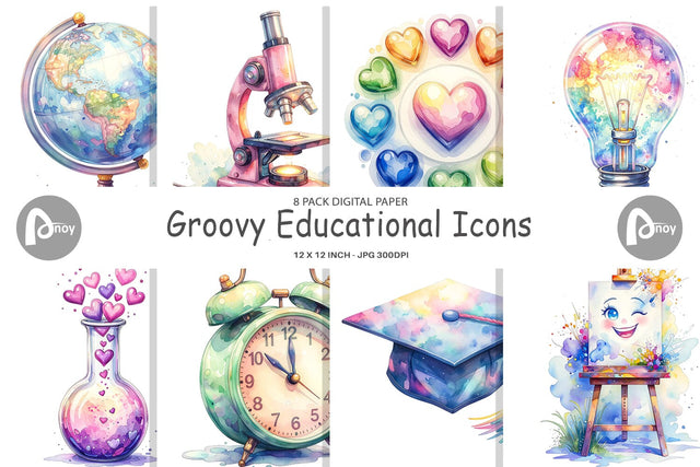 Digital Paper Groovy School Icons Digital Pattern artnoy 