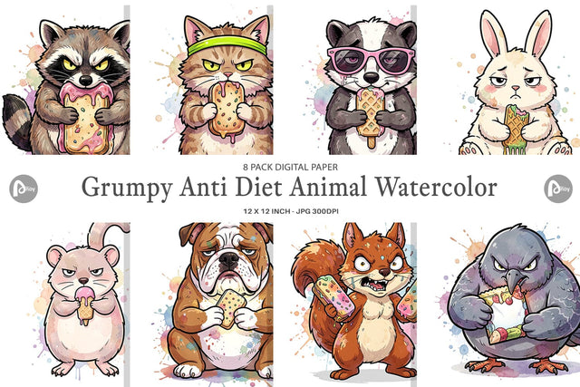 Digital Paper Grumpy Anti Diet Animal Watercolor Digital Pattern artnoy 