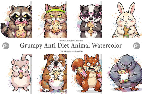 Digital Paper Grumpy Anti Diet Animal Watercolor Digital Pattern artnoy 