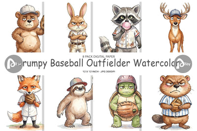 Digital Paper Grumpy Baseball Outfielder Watercolor Digital Pattern artnoy 