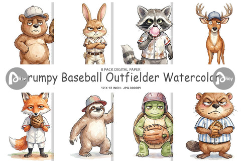 Digital Paper Grumpy Baseball Outfielder Watercolor Digital Pattern artnoy 