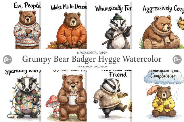 Digital Paper Grumpy Bear Badger Hygge Watercolor Digital Pattern artnoy 