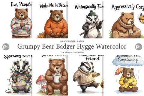Digital Paper Grumpy Bear Badger Hygge Watercolor Digital Pattern artnoy 