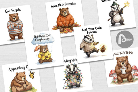Digital Paper Grumpy Bear Badger Hygge Watercolor Digital Pattern artnoy 