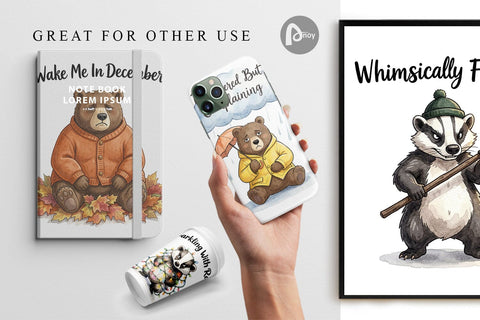 Digital Paper Grumpy Bear Badger Hygge Watercolor Digital Pattern artnoy 