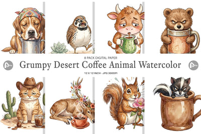 Digital Paper Grumpy Desert Coffee Animal Watercolor Digital Pattern artnoy 