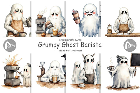 Digital Paper Grumpy Ghost Barista Digital Pattern artnoy 