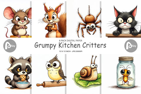 Digital Paper Grumpy Kitchen Critters Digital Pattern artnoy 
