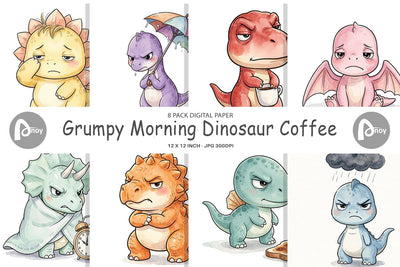 Digital Paper Grumpy Morning Dinosaur Coffee Digital Pattern artnoy 