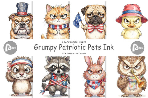Digital Paper Grumpy Patriotic Pets Ink Sublimation artnoy 