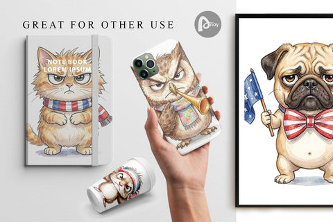 Digital Paper Grumpy Patriotic Pets Ink Sublimation artnoy 