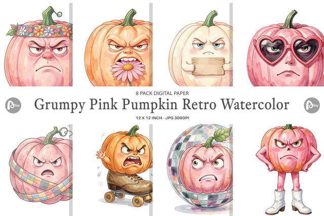 Digital Paper Grumpy Pink Pumpkin Retro Watercolor Digital Pattern artnoy 