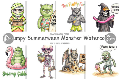 Digital Paper Grumpy Summerween Monster Watercolor Digital Pattern artnoy 