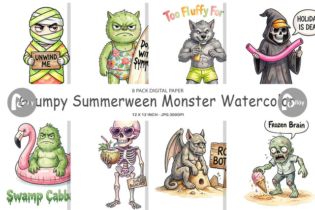 Digital Paper Grumpy Summerween Monster Watercolor Digital Pattern artnoy 