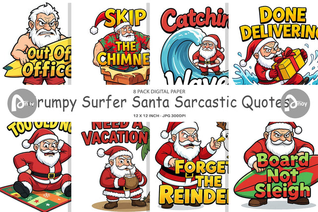 Digital Paper Grumpy Surfer Santa Sarcastic Quotes Digital Pattern artnoy 