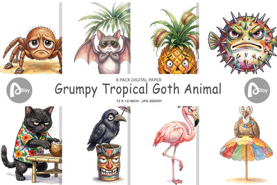Digital Paper Grumpy Tropical Goth Animal Digital Pattern artnoy 