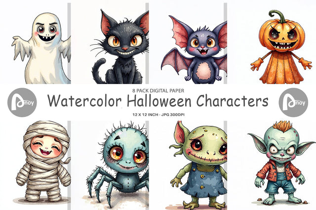 Digital Paper Halloween Characters Watercolor Digital Pattern artnoy 
