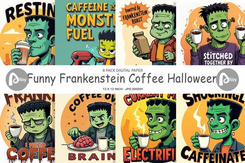 Digital Paper Halloween Frankenstein Coffee Digital Pattern artnoy 