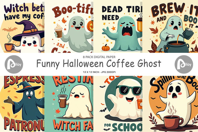 Digital Paper Halloween Ghost Coffee Digital Pattern artnoy 