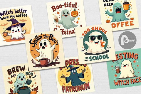 Digital Paper Halloween Ghost Coffee Digital Pattern artnoy 