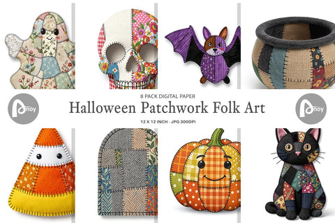 Digital Paper Halloween Patchwork Folk Art Digital Pattern artnoy 