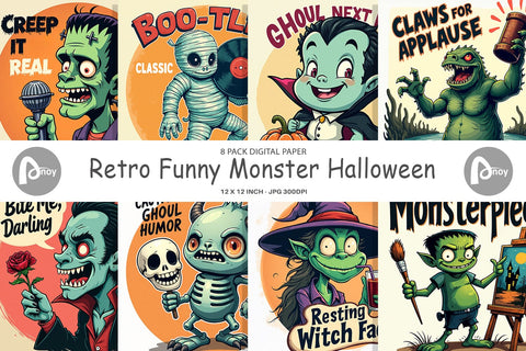 Digital Paper Halloween Retro Monster Digital Pattern artnoy 