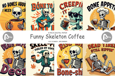 Digital Paper Halloween Skeleton Coffee Digital Pattern artnoy 