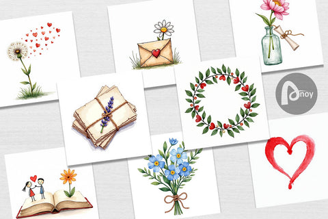 Digital Paper Handmade Valentine Blooms & Notes Watercolor Digital Pattern artnoy 