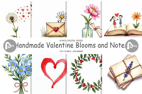 Digital Paper Handmade Valentine Blooms & Notes Watercolor Digital Pattern artnoy 