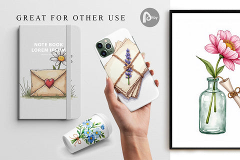 Digital Paper Handmade Valentine Blooms & Notes Watercolor Digital Pattern artnoy 