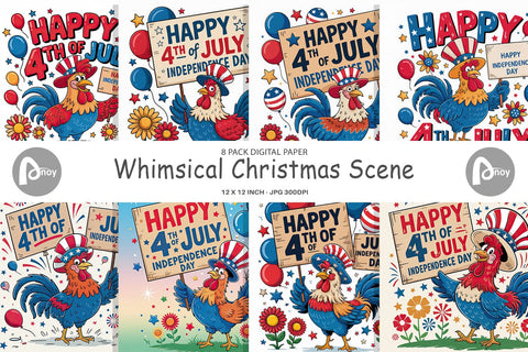 Digital Paper Happy 4th of July Rooster Digital Pattern artnoy 