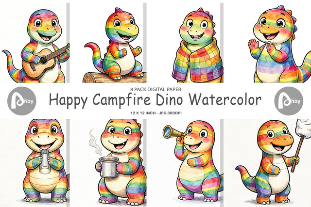 Digital Paper Happy Campfire Dino Watercolor Digital Pattern artnoy 