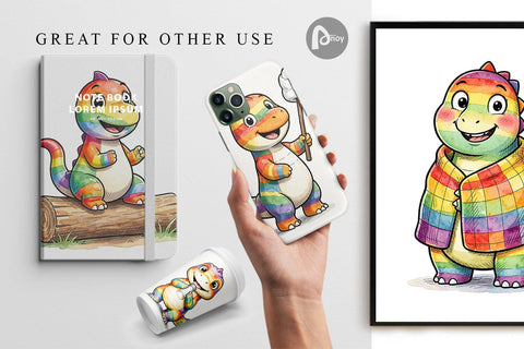 Digital Paper Happy Campfire Dino Watercolor Digital Pattern artnoy 