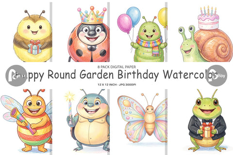 Digital Paper Happy Round Garden Birthday Watercolor Digital Pattern artnoy 