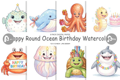 Digital Paper Happy Round Ocean Birthday Watercolor Digital Pattern artnoy 